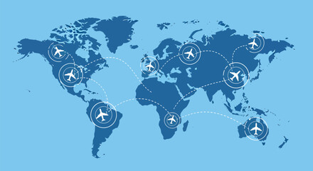 Vector art of world map showing global flight routes connecting continents and cities