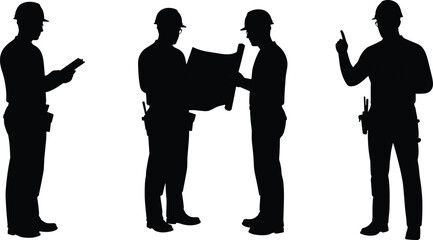 Construction workers in helmet, discussing blueprint, reading plans, instructing team, engineering teamwork concept, silhouette vector, safety gear, industrial project illustration