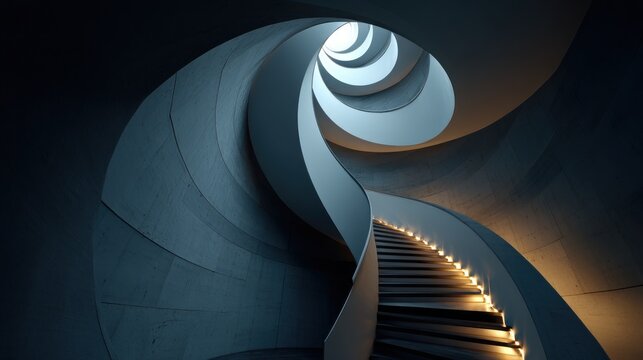 Abstract architectural spiral staircase with light and shadow design