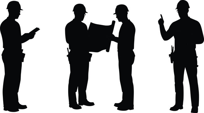Construction workers in helmet, discussing blueprint, reading plans, instructing team, engineering teamwork concept, silhouette vector, safety gear, industrial project illustration