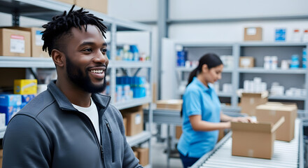 Fototapeta premium Optimistic Man Smiles in Warehouse Setting with Colleague Packing Orders for Shipment