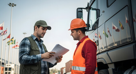 Logistics Professionals Reviewing Export Documentation at Shipping Terminal, International Flags