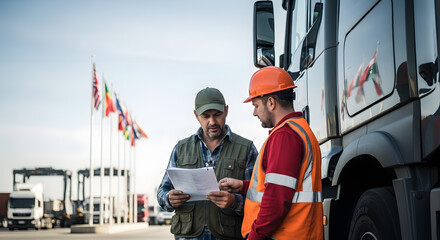 Transportation logistics Two workers collaborate discussing logistical paperwork outdoors
