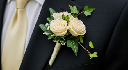 Elegant Cream Rose and Ivy Boutonni?re on a Groom's Dark Formal Jacket Lapel