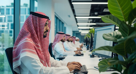 Saudi Arabian Professionals Engaged in Tech-Driven Workplace Collaboration and Productivity