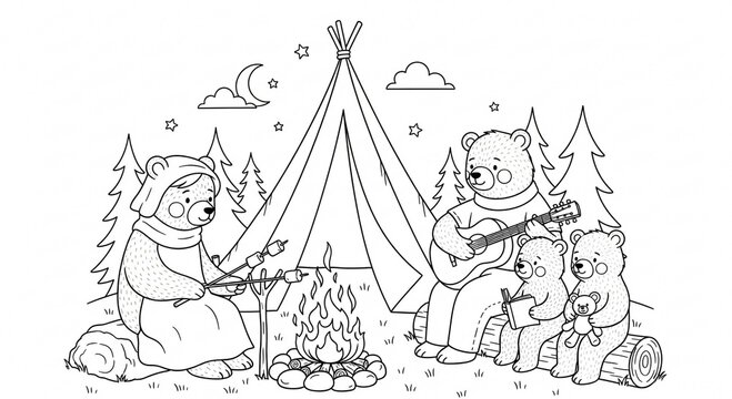 A coloring page of bears camping with a tent campfire guitar marshmallows and forest in black and white