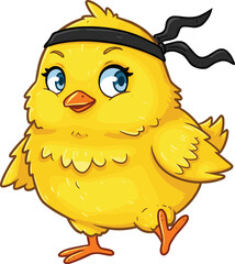 Cute cartoon ninja chick, funny yellow bird vector, baby chicken character, martial arts chick, adorable fighting bird, vector illustration design