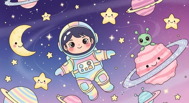 A cartoon astronaut floating in space with planets stars and a crescent moon with a cute alien friend