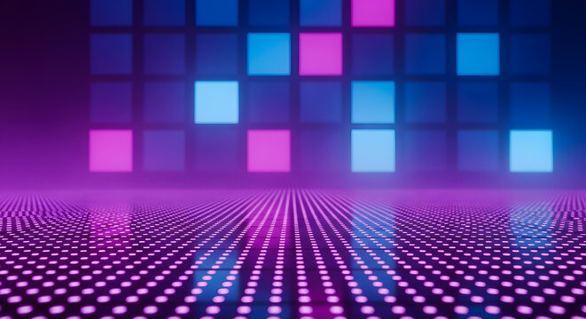 Vibrant Abstract Digital Art Glowing Squares and Dotted Surface in Blue and Pink