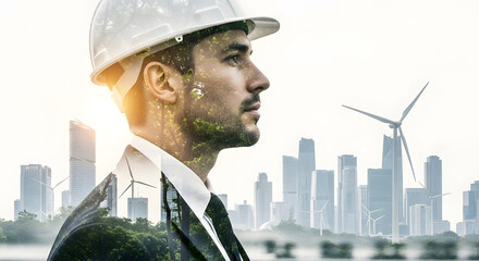 Fototapeta premium Engineer with a Vision Green Energy, Cityscape, and Wind Turbines Powering a Sustainable Future