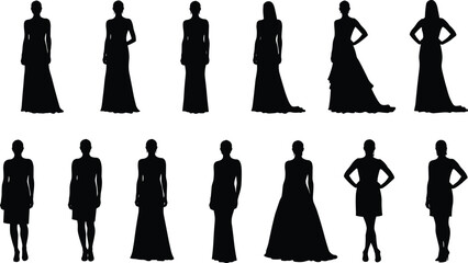 Fashion model silhouette vector, women in elegant dresses, standing pose, beauty design, stylish female figure for fashion, art, illustration