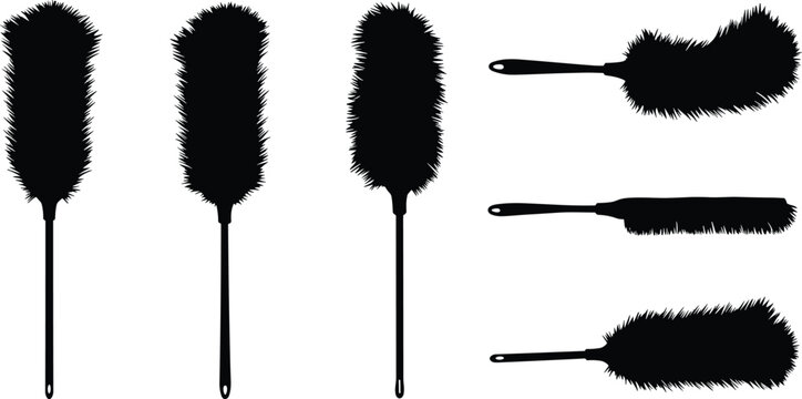 Feather duster silhouette set, household cleaning tools, black dust brush vector illustration, domestic cleaning supplies for maintenance and hygiene