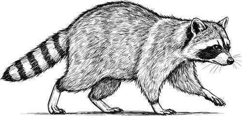 Hand drawn raccoon sketch, detailed wild animal illustration, walking raccoon vector art, black and white wildlife drawing for nature lovers