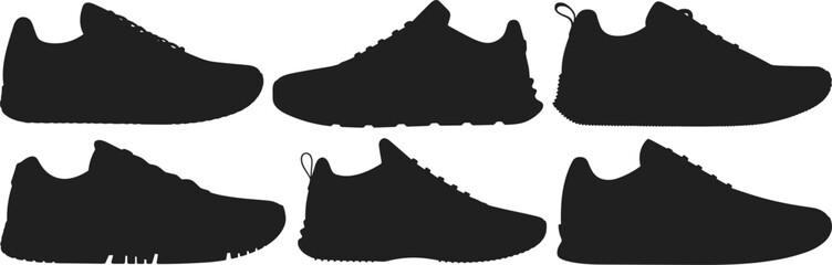 Sneaker silhouette collection, athletic shoe icons, sports footwear vector, casual trainer design, fashion shoe illustration, black graphic art, footwear style set