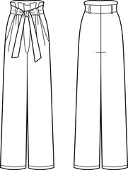 High waisted wide leg pants flat sketch, paper bag waist trousers vector, fashion CAD drawing, tie belt front view