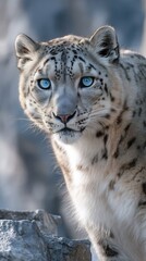 Obraz premium Snow leopard rocky mountain ledge piercing blue eyes in crisp cold light wildlife portrait mobile wallpaper and motivational nature background