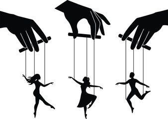 Puppet master silhouette illustration, controlling human marionettes with strings, symbolizing manipulation, control, power, dominance, concept art vector graphic