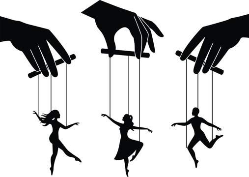 Puppet master silhouette illustration, controlling human marionettes with strings, symbolizing manipulation, control, power, dominance, concept art vector graphic