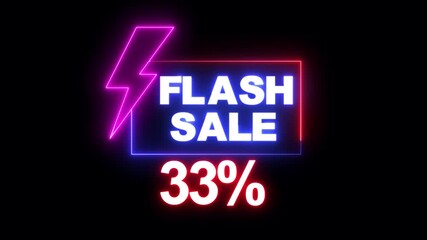 "Glowing Neon Flash Sale Promo Animation with Electric Lightning Bolt, Shiny 33 Percent Discount Offer, Futuristic Neon Lights Shopping Banner and Special Promotion Ad Video"
