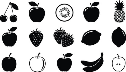 Set of black fruit silhouettes, vector illustration of apple, banana, cherry, strawberry, lemon, kiwi, pineapple, healthy food icons