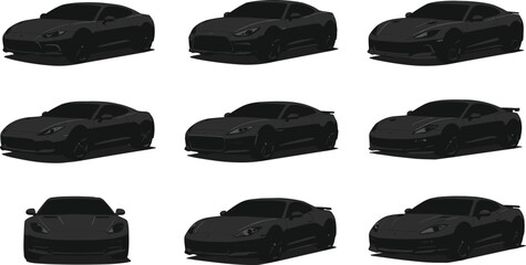 Silhouette collection of sports cars in black vector illustration, modern vehicle front and side view, high performance automotive design art