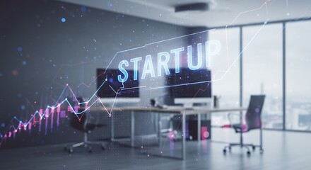 Futuristic Startup Vision: Glowing Financial Chart in a Modern Office Interior