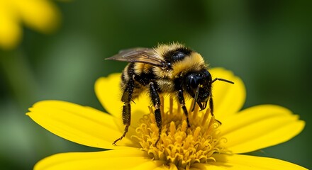 Fuzzy Bumblebee in Intricate Detail on a Vibrant Yellow Flower