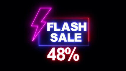 "Glowing Neon Flash Sale Promo Animation with Electric Lightning Bolt, Shiny 48 Percent Discount Offer, Futuristic Neon Lights Shopping Banner and Special Promotion Ad Video"