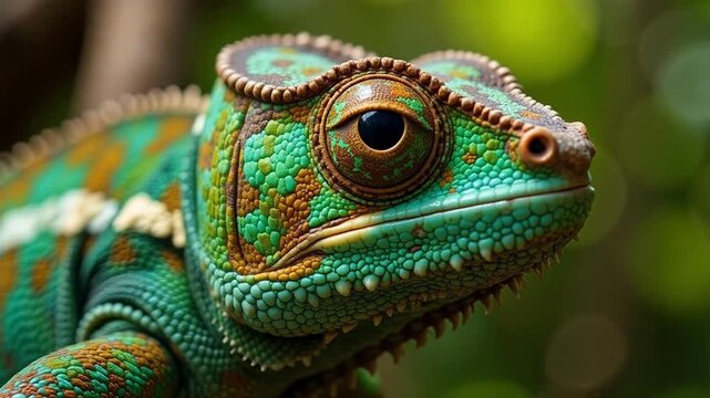 Mesmerizing chameleon shifting colors in a lush rainforest habitat, a symbol of adaptability and camouflage in nature, vibrant and dynamic