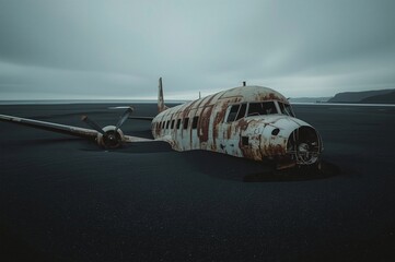 Rusty plane wreck on Icelandic black sand beach, gloomy sky