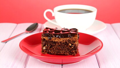 Chocolate brownie slice with coffee