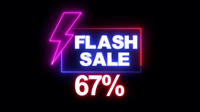 "Glowing Neon Flash Sale Promo Animation with Electric Lightning Bolt, Shiny 67 Percent Discount Offer, Futuristic Neon Lights Shopping Banner and Special Promotion Ad Video"