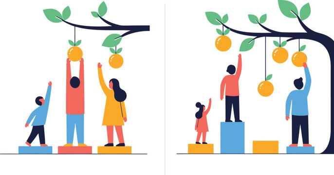 Illustrations depicting the difference between equality and equity showing people reaching for fruit