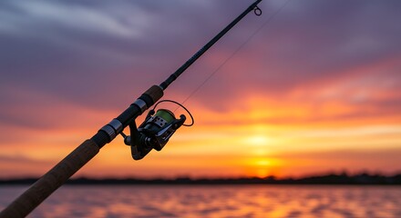 Golden Hour Cast: A Spinning Rod and Reel Against a Vivid Orange and Purple Sunset.