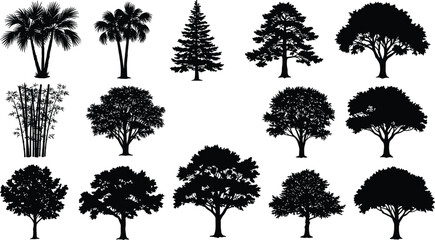 Silhouette tree collection vector, tropical and forest trees bundle, black tree shapes for landscape, palm, pine, and deciduous design set
