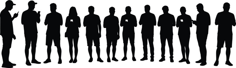 Silhouette vector illustration of people standing, checking smartphones, using mobile devices, group communication, digital lifestyle, casual posture poses