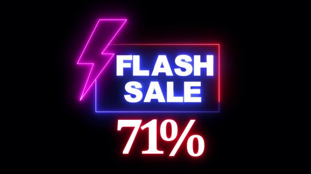 "Glowing Neon Flash Sale Promo Animation with Electric Lightning Bolt, Shiny 71 Percent Discount Offer, Futuristic Neon Lights Shopping Banner and Special Promotion Ad Video"