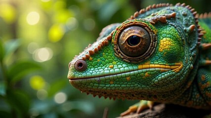 Watch the chameleon blend into the jungle, its skin shimmering with vibrant greens and yellows in this captivating nature video