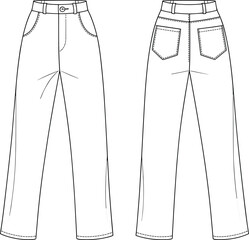 Technical flat sketch of women's straight-leg pants with front and back views, fashion design template with pockets and belt loops