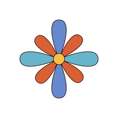 Groovy retro daisy flower icon with blue and colorful petals. Simple 70s pop groovy element, playful y2k symbol for vibrant vintage mood. Bold aesthetic accent in modern creative projects.