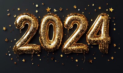Golden 2024 balloon numbers with sparkling confetti celebrating the new year on a dark background