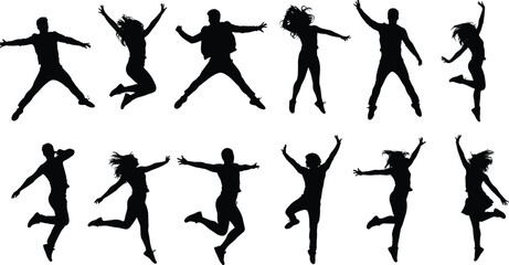 Vector illustration of energetic people jumping, dancing silhouettes, joyful motion, happy crowd in black silhouette, celebration, youth freedom concept