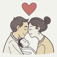 Loving family with a newborn baby and heart isolated on a white background