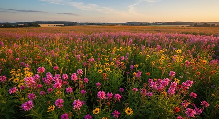 Obraz premium Idyllic Meadow Ablaze with Pink and Yellow Wildflowers Under a Golden Sky