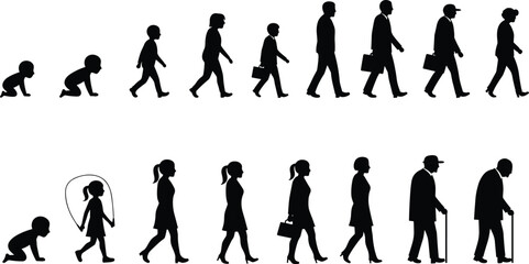 Vector illustration showing human life stages from baby to elderly, aging process, growth development, male and female evolution silhouette