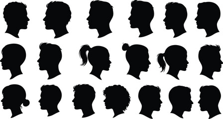 Vector silhouette illustration of male and female profile heads, diverse hairstyle icons for avatars, user interface, digital identity design