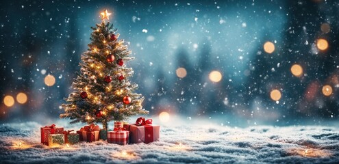 Illuminated Christmas tree standing amidst a snowy landscape with gifts beneath it, surrounded by a forest under a starry winter sky