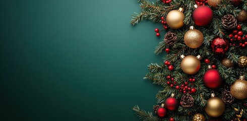 Christmas tree with red and gold ornaments against green background for festive decoration