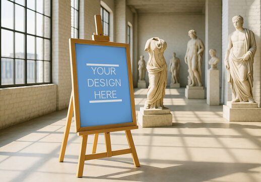 Easel Poster Mockup in Classical Art Museum with Marble Sculptures