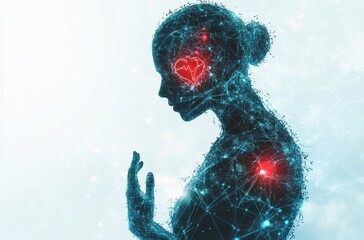 Digital human silhouette holding a heart with overlayed heartbeat graph, illustrating technology in healthcare and emotions